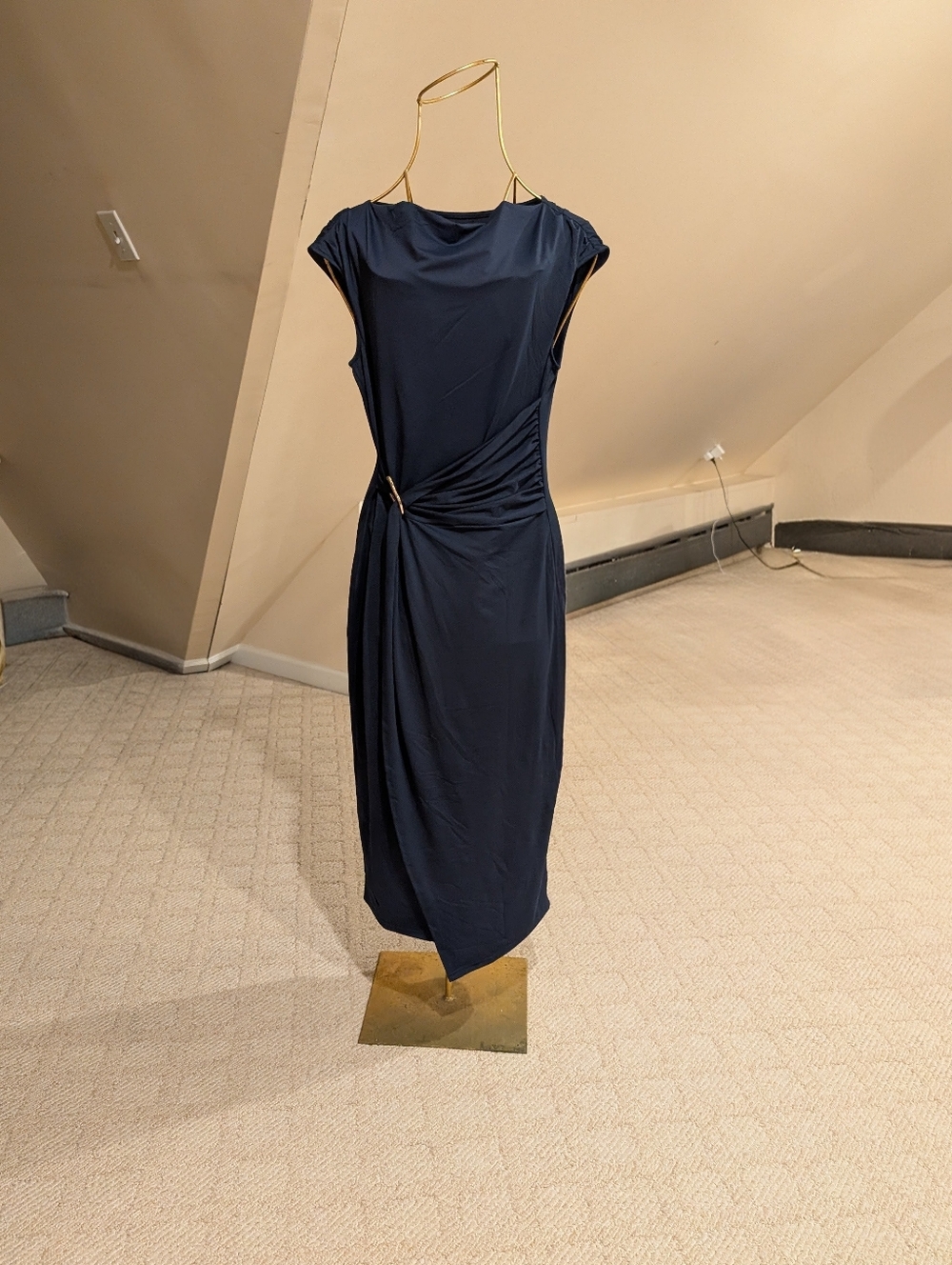 Navy Midi Dress with Ruched Waist Detail | Cap Sleeve | Bodycon Fit, NWT, Size L